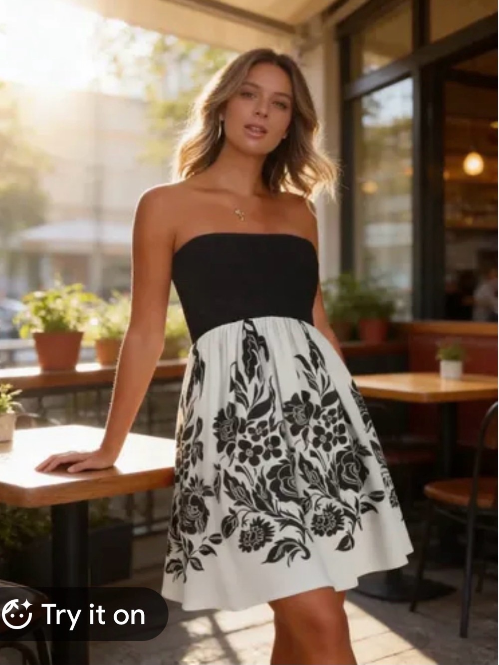 Strapless Black & White Floral Summer Dress Size M